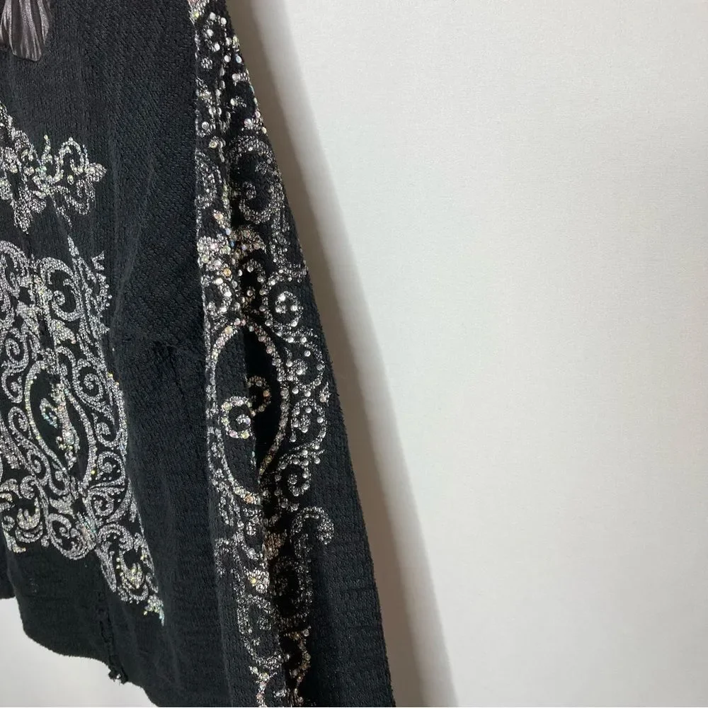 Vocal Black Rhinestone Embellished Zip Up Lightweight Cardigan Top Medium Y2K